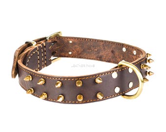 Grote leren hondenhalsband met stekels, rood eiken donkerbruin echt leer, zacht, verstelbare maten, X-Small, Small, Medium, Large en X-Large
