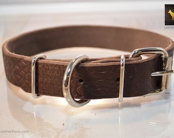 Dark Brown Textured Leather Dog Collar made with Real Genuine Leather for Extra Small - Extra Large Dogs Breeds -  9" to 26" Neck
