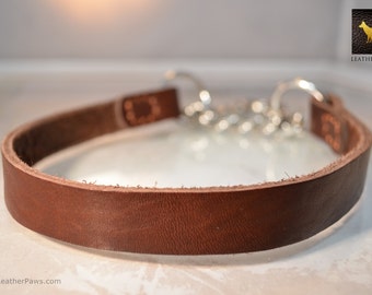 Premium Leather Dog Collar Martingale Dark Brown Chocolate Leather Stainless Chain For Small Midsize Medium Large Breed Dogs -  Max 22"
