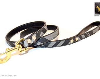 Leren poten Zwarte designer leren hondenriem of riem, premium handgemaakt, echt echt leer, zwart, alle rassen, gouden sluiting
