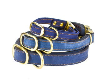 Leder Dog Collar Snap On For Quick Release Brass Real Genuine Leder Blau für kleine bis große Brechhunde