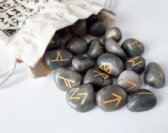 Gray Agate Rune set, Spiritual crystal oracle, Engraved tumbled rune stones, Natural stone runes, Elder futhark runes