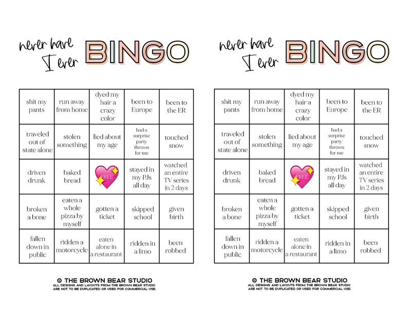 never have i ever bingo card