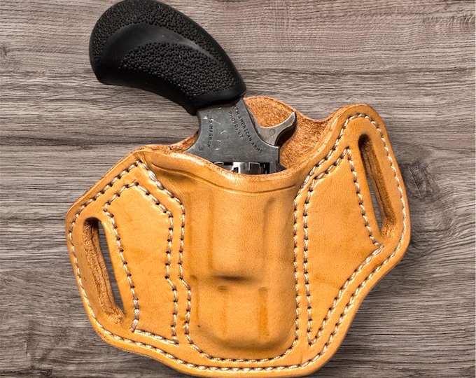 leather belt holster for NAA Pug, natural, white stitches/ Veteran made in the USA