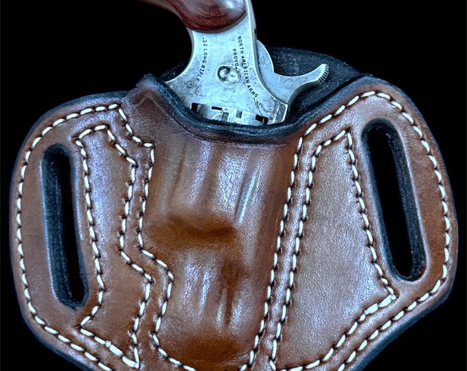 Leather belt holster fits NAA 22 Long Rifle with 1&1/8” barrel, brown, white stitches/ Veteran made in the USA