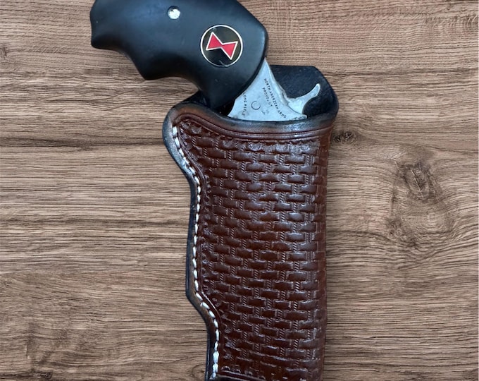 Leather belt holster for NAA Black Widow .22 magnum, tooled by hand. Made in USA