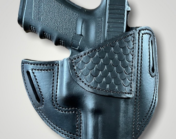 Leather Belt Holster For Glock 19 19X 23 32, Black, Handmade With Hand Tooled Dragon Scales.
