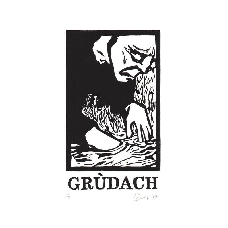 handmade lino print of word collected in South Uist or Eriskay by Father Allan Mounted Gr\u00f9dach unframed. Scottish Gaelic art