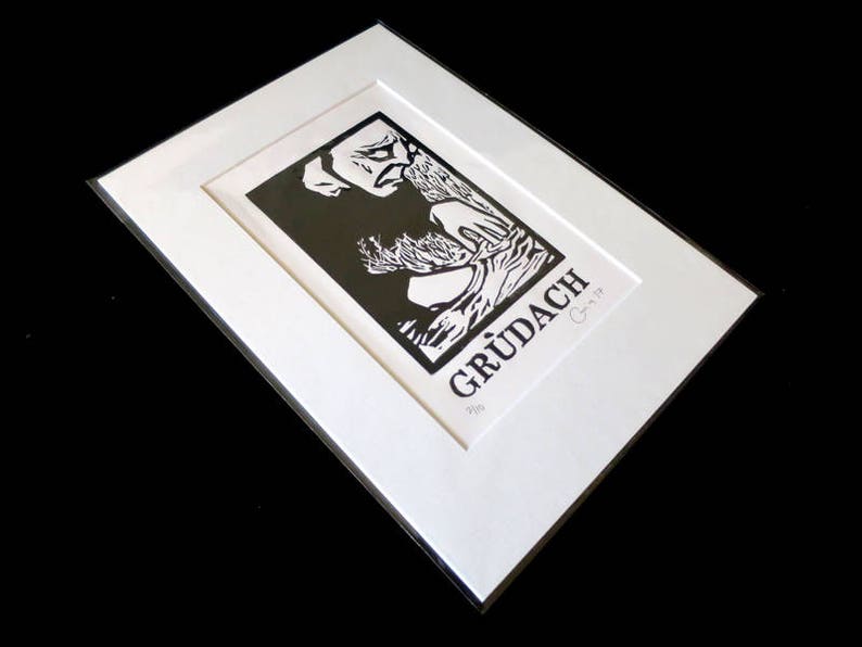 handmade lino print of word collected in South Uist or Eriskay by Father Allan Mounted Gr\u00f9dach unframed. Scottish Gaelic art