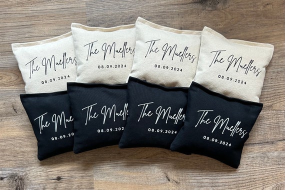 8 Cornhole Bags Custom Last Name for Wedding Couple Gift Game for Guests Outdoor Reception Bride Groom Personalized Keepsake for Anniversary