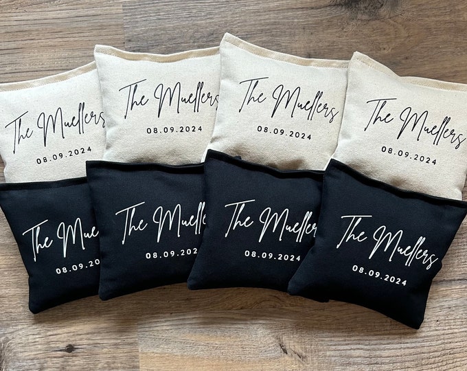 8 Cornhole Bags Custom Last Name for Wedding Couple Gift Game for Guests Outdoor Reception Bride Groom Personalized Keepsake for Anniversary