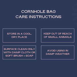 Puede incluir: Gr&aacute;fico azul marino con texto blanco que proporciona instrucciones de cuidado de la bolsa de cornhole. Las instrucciones incluyen guardar en un lugar fresco y seco, mantener fuera del alcance de animales peque&ntilde;os, limpiar la superficie y evitar el clima h&uacute;medo.