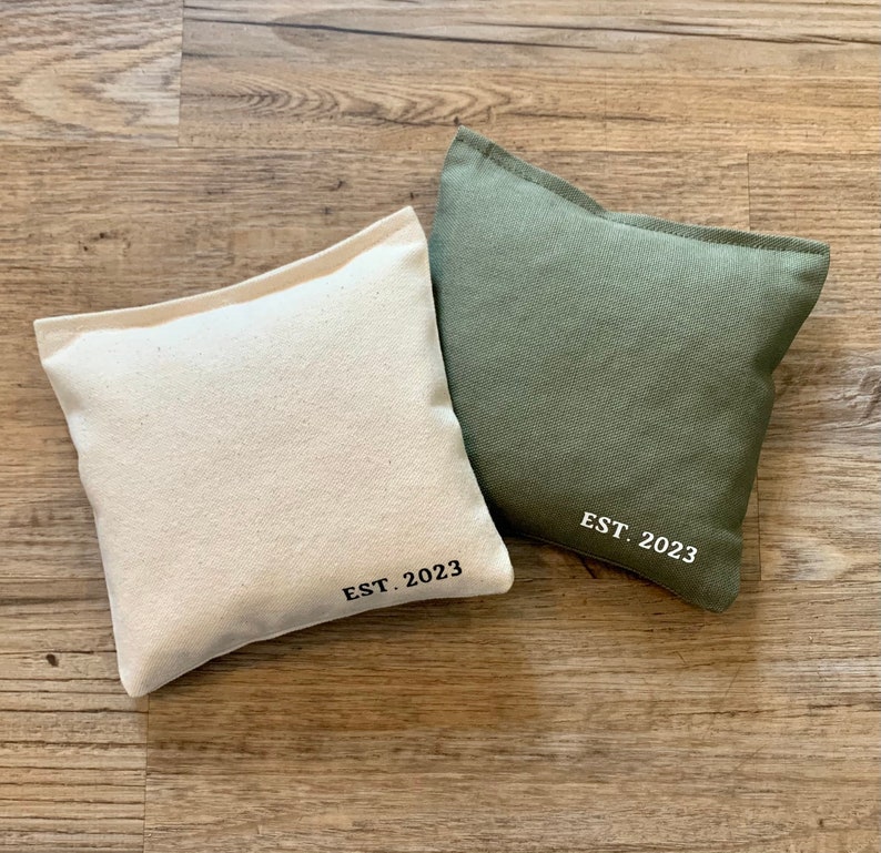 8 Wedding Cornhole Bags with Custom Established Date for Cornhole Small Text Bride and Groom Gift for Wedding Guest Book Cocktail Hour Game
