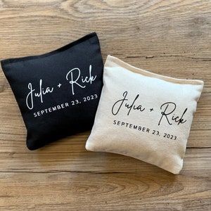 8 Custom Wedding Bean Bags for Cornhole Modern Script Couple Names with Wedding Date or Established Year Bride Groom Wedding Logo Cursive