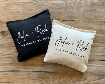 8 Custom Wedding Bean Bags for Cornhole Modern Script Couple Names with Wedding Date or Established Year Bride Groom Wedding Logo Cursive