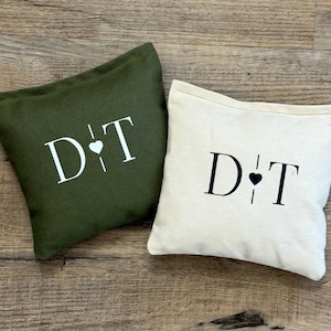 8 Custom Wedding Bean Bags for Cornhole Bride and Groom Initials with Heart Wedding Monogram Logo for Formal Modern Script Couple Names