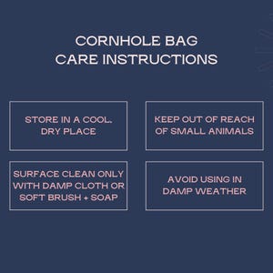 May include: A navy blue graphic with white text providing cornhole bag care instructions. The instructions include storing in a cool, dry place, keeping out of reach of small animals, surface cleaning, and avoiding damp weather.