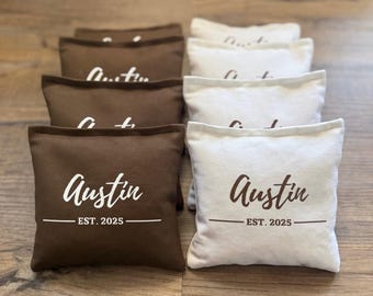 8 Custom Family Last Name Bean Bags for Cornhole With Wedding Year Anniversary Gift Idea Husband Lawn Game Outdoor Fun Unique Couple Present