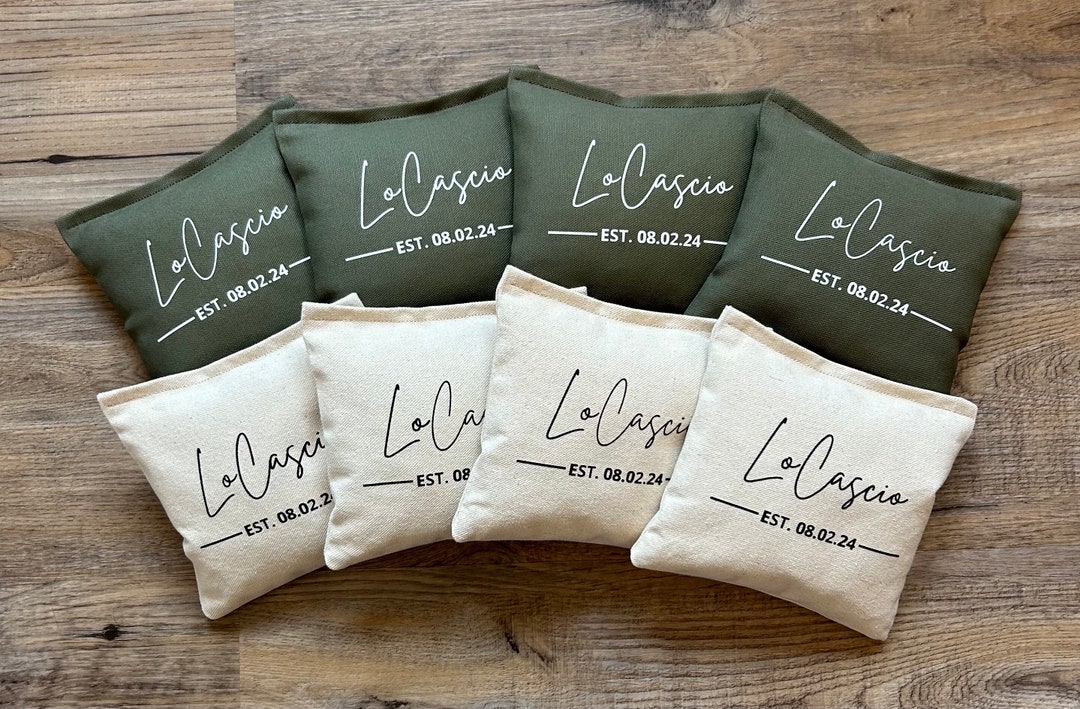 Custom Family Set of Cornhole Bags Last Name Bean Bags for Cornhole with Wedding Year Bride and Groom Gift Anniversary Housewarming Couple - Fuschia, Pink