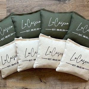 8 Custom Family Cornhole Bags Last Name Bean Bags for Cornhole with Wedding Year Bride and Groom Gift for Anniversary Housewarming Couple