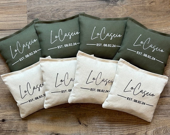 Custom Family Set of Cornhole Bags Last Name Bean Bags for Cornhole with Wedding Year Bride and Groom Gift Anniversary Housewarming Couple