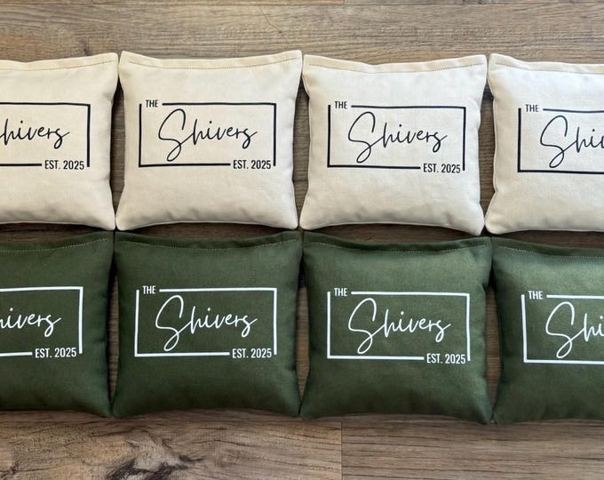 8 Custom Family Cornhole Bags Last Name Bean Bags for Cornhole with Wedding Year Gift for Anniversary Cursive Font Established Year Script