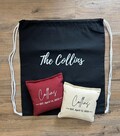 Cornhole Drawstring Backpack Bean Bag Holder Customized Bag Bride and Groom Gift Cotton Canvas Large Case Black and White Text