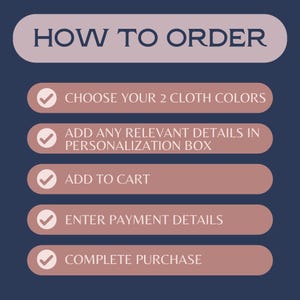 May include: A graphic with instructions on how to order. The text reads "HOW TO ORDER" at the top. Below are steps: Choose 2 cloth colors, add details in the personalization box, add to cart, enter payment details, and complete purchase.