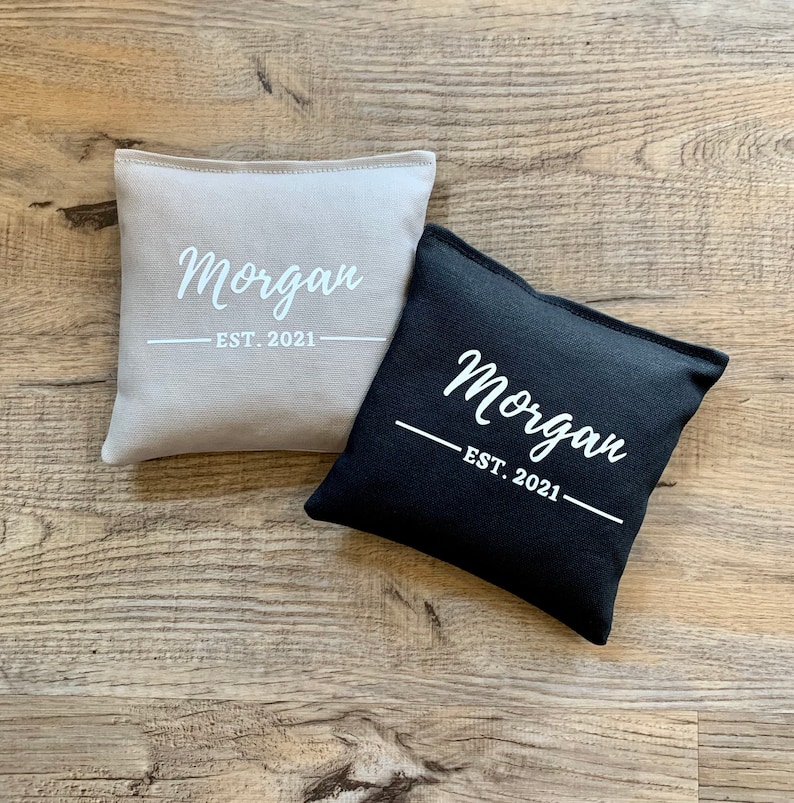 8 Custom Family/Last Name Bean Bags for Cornhole, With Wedding Year - Whole Corn Filled - ACA Regulation, Script/cursive text