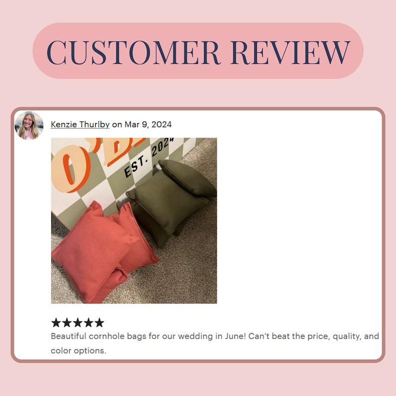 May include: Customer review image featuring cornhole bags in red and olive green. The bags are displayed with a checkerboard-patterned board. The text reads "CUSTOMER REVIEW" and "EST. 2024". The review mentions the bags are for a wedding.