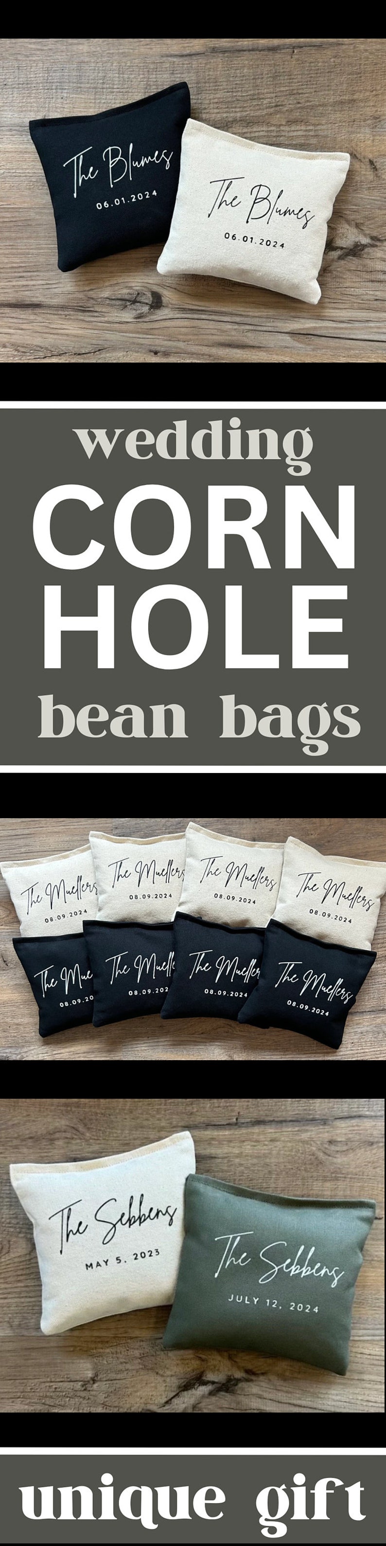 Puede incluir: Bolsas de frijoles Cornhole personalizadas, en negro, crema y verde, con nombres y fechas. Se muestran sobre una superficie de madera. Tambi&eacute;n se ve el texto "wedding CORN HOLE bean bags". Ideal para bodas.