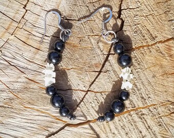 Black bead and bone earrings