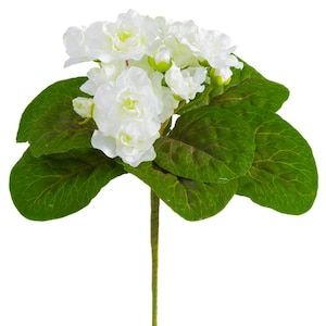 May include: A white artificial flower bouquet with green leaves. The flowers are clustered together and have a delicate, ruffled appearance.