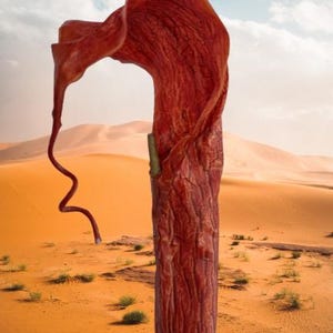 Könnte beinhalten: Eine große, fleischige, rote Blume mit einem langen, dünnen Stiel steht hoch in einer Wüstenlandschaft. Die Blume ist wie ein gebogenes Rohr mit einer spitzen Spitze geformt. Der Hintergrund ist eine weite Fläche von Sanddünen.
