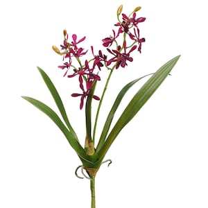 May include: A bouquet of artificial orchid flowers with deep pink petals and green leaves. The flowers are arranged in a cluster with several buds.