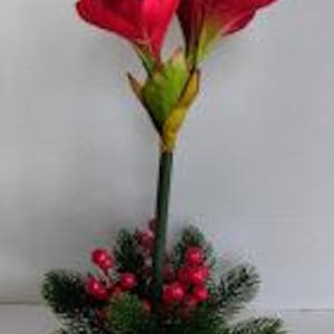 May include: A vibrant artificial floral arrangement featuring two large, deep red amaryllis blooms. The flowers are atop a green stem, accented by faux evergreen sprigs and red berries, all set in a dark green base. The arrangement is designed to bring a touch of nature indoors.