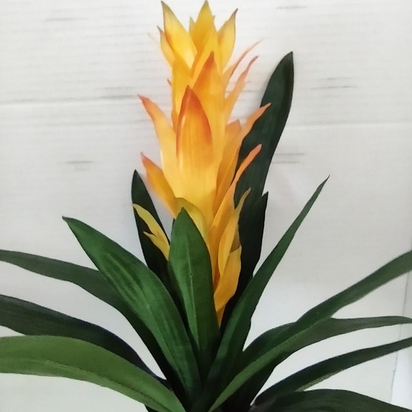 16" Artificial Bromeliad plant W/O pot. yellow with orange highlights