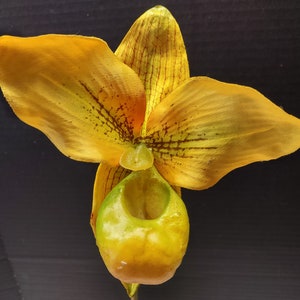 Large Artificial Paphiopedilum Lady Slipper Orchid on disc YELLOW image 5