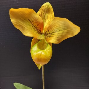 Large Artificial Paphiopedilum Lady Slipper Orchid on disc YELLOW image 2