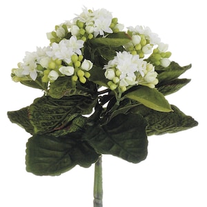 May include: A bouquet of white artificial flowers with green leaves. The flowers are clustered together and have a delicate, realistic appearance.