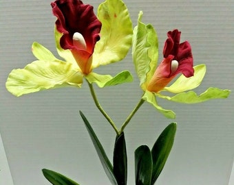 Vintage Cattleya Orchid  W/O pot Silk Flowers Plants LIME GREEN