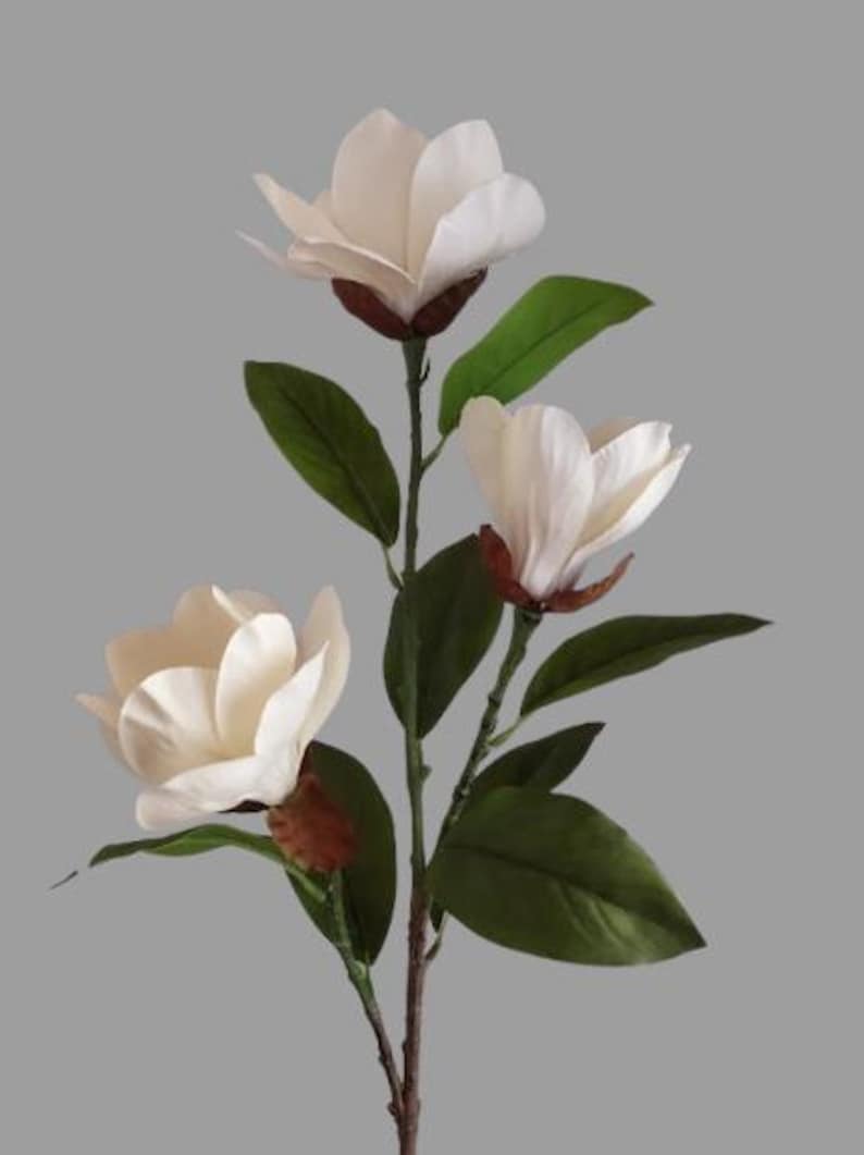 Puede incluir: Un ramo de tres flores blancas de magnolia con hojas verdes. Las flores son artificiales y tienen un aspecto realista.