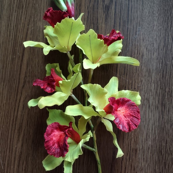 Artificial Mini Cattleya Orchid stem Lime green with dark red center