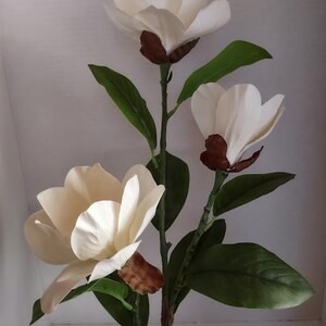 Puede incluir: Un ramo de tres flores blancas de magnolia con centros marrones. Las flores est&aacute;n dispuestas en un tallo con hojas verdes.
