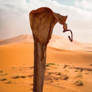 May include: A dried, brown, textured plant with a curled stem stands in a desert landscape. The plant is in the foreground, and the sand dunes are in the background.