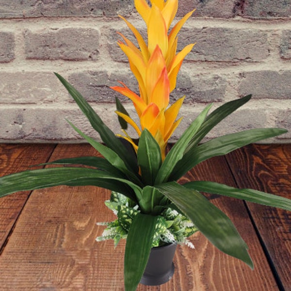 Artificial Bromeliad plant in ceramic pot,  yellow with orange highlights