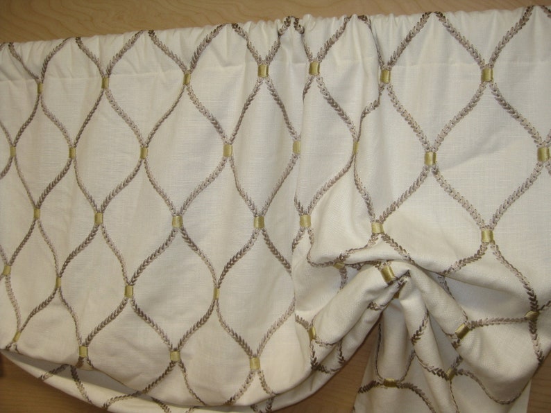 Gathered Mock Roman Rod Pocket Window Treatment in Ivory Linen with Gold Scroll Quatrefoil Embroidery Elegant Living Valance Ready to Ship