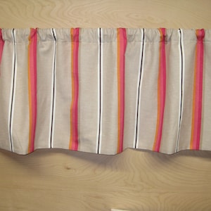 Valance Ready to Ship! Gathered Straight Hem Rod Pocket Window Treatment in Fuschia, Taupe, White, Orange & Brown Striped Fabric Kitchen