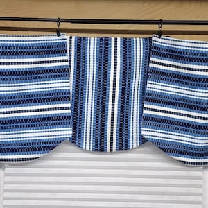 Ready to Ship Window Treatment! Layered Petal Valance in Blue and White Striped Fabric with White Lining