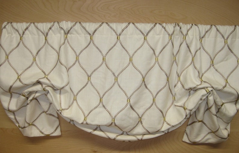 Gathered Mock Roman Rod Pocket Window Treatment in Ivory Linen with Gold Scroll Quatrefoil Embroidery Elegant Living Valance Ready to Ship